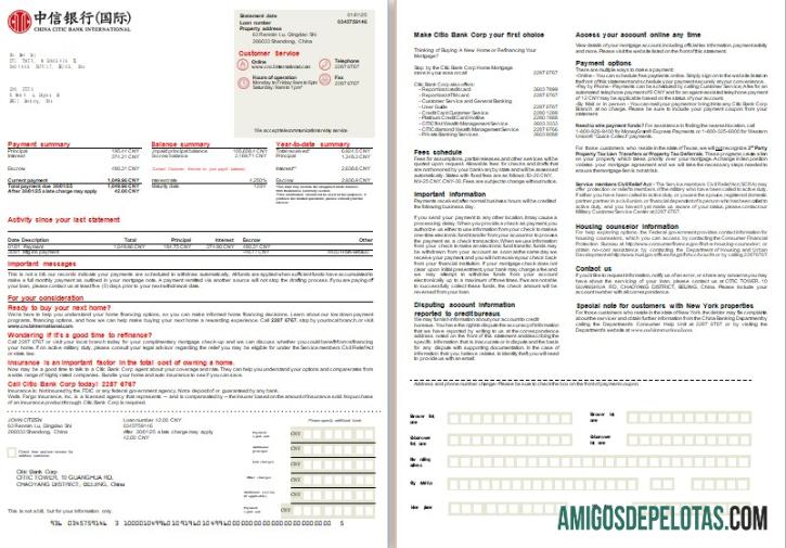 Extrato de hipoteca do banco China Citic Bank Corp, 2 páginas, 1 2 Scr exemplo real